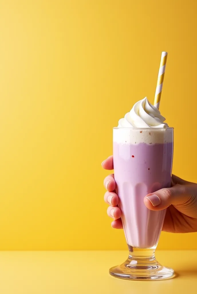 Create multiple flavors of milk shake with the same yellow background with one hand holding it, The background in yellow and purple without whipped cream each photo has a flavor. in the following flavors : vanilla, chocolate, strawberry, ovomaltine,  peanu...