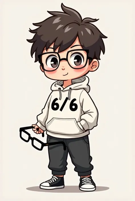 small cartoon character wearing white hoodie with 6/6 and black sweatpants with black shoes, he face is straight and hair is dark brown messy, and holding a black glasses make him a easy drawing