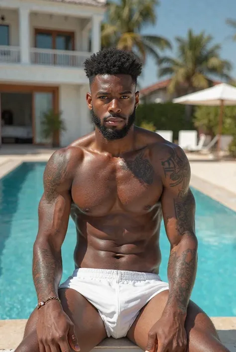 A realistic full body portrait of a brown 
skin man with an athletic physique, curly fade, neat beard, light brown eyes and tattoos... wearing white trunks while sitting on a beach chair next to a big clear blue pool on a sunny day and in the background yo...