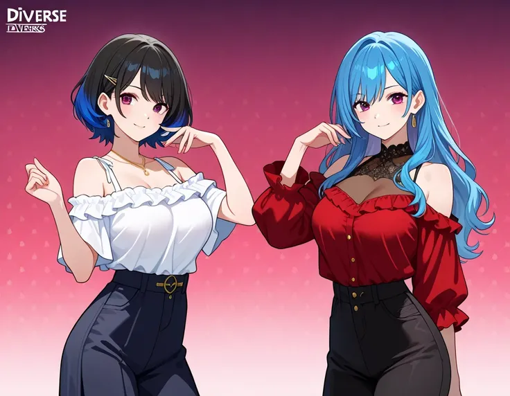 (3 adult girls), anime characters, outfit designs, diverse outfits, character design, outfit design, pose, see-through cleavage, casual outfit, different hair color, cowboy shot, frilled shirt, sexy,
