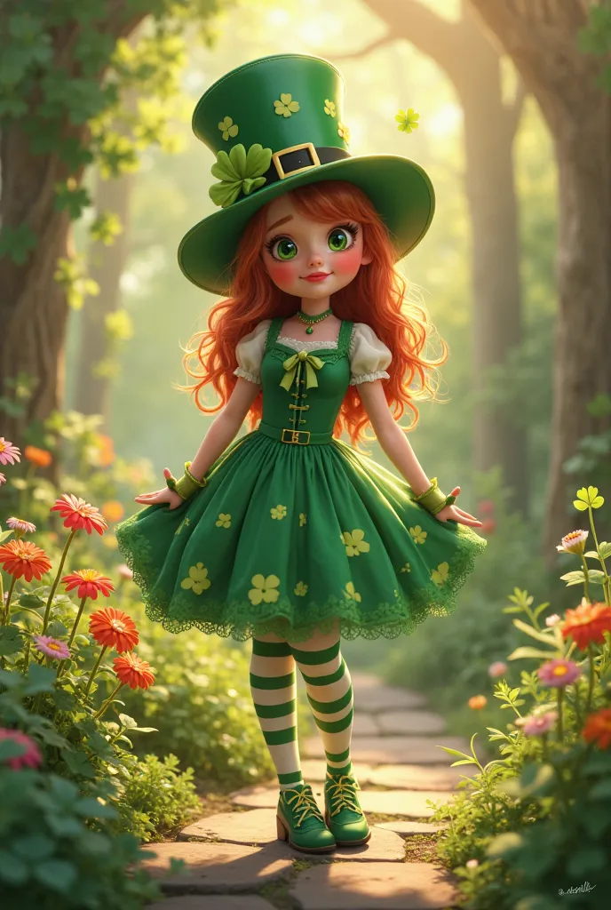 photorealistic sweet beautiful whimsical cheeky lady, dressed up for St. Patrick's Day. She is wearing a green dress adorned with shamrocks, a green hat, and striped green and white stockings. Her rosy cheeks and mischievous smile add to her playful demean...