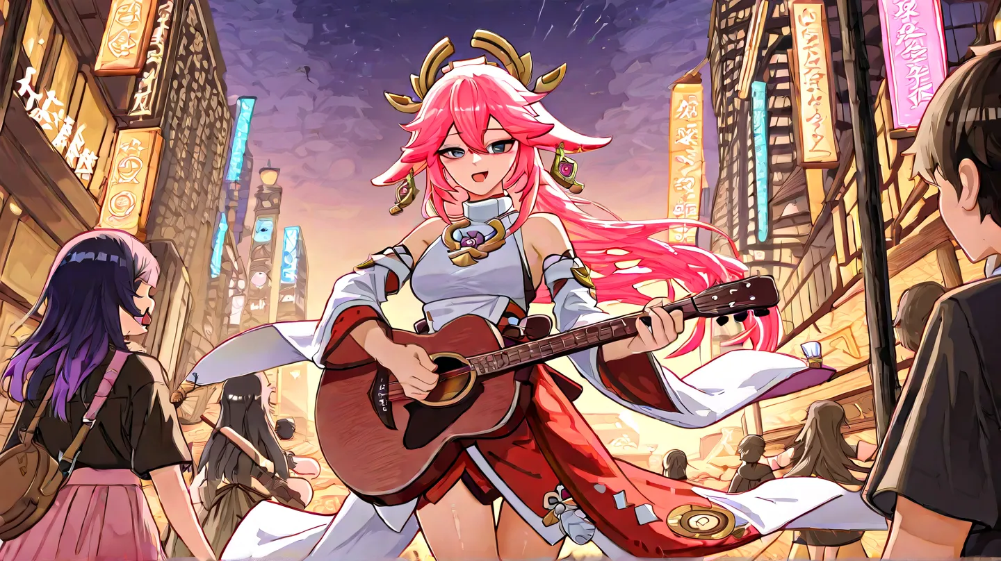 Yae Miko from genshin impact is wearing a nice Morden dress and playing the guitar, singing a song and walking around the city.
