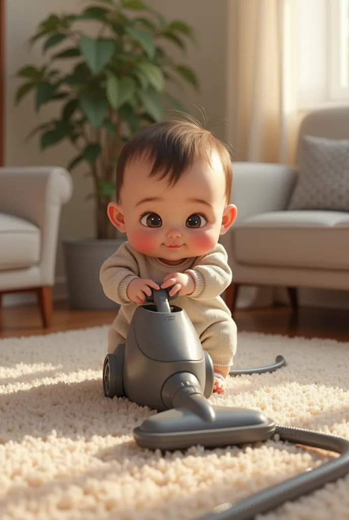 Un bebe qui passe l'aspirateur et ecrire Youssef sur l'aspirateur 