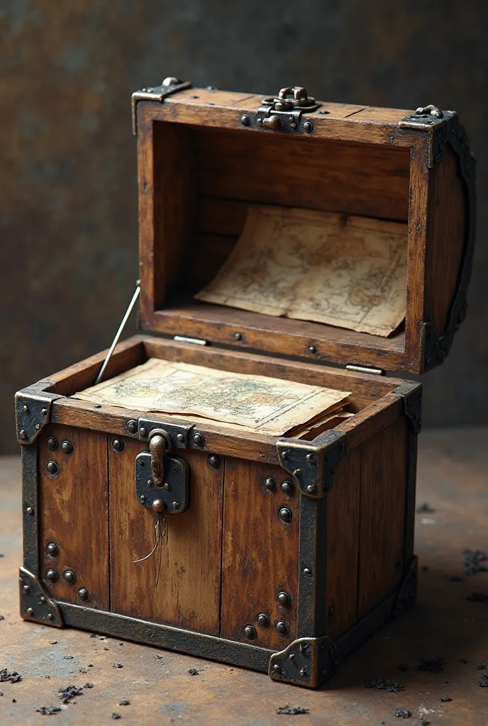 A small wooden chest with iron details, It is open and contains several notes as well as treasure maps inside 