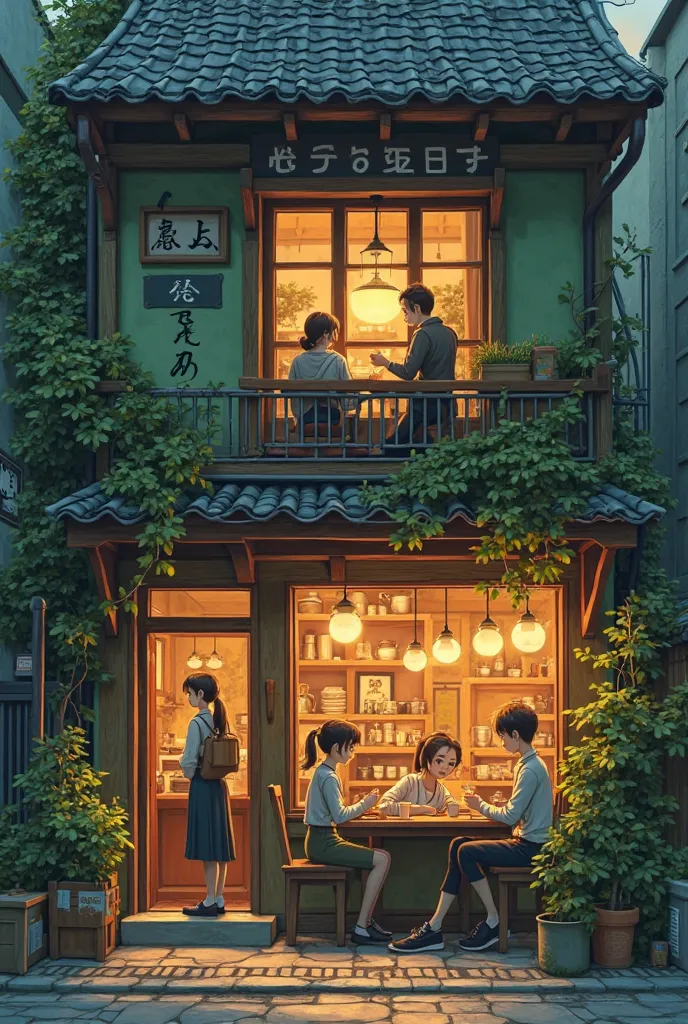 coffee, building, lampness,  green, brown, beige, comfort, miyazaki style, evening time ( хочу чтобы было видно само внутренняя часть coffee )