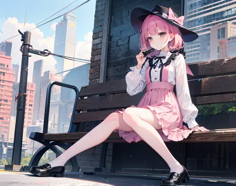 ( best quality ,  high resolution ,  Textured skin , high quality, high detail,  extremely detailed CG unity), teenage girl ， magic 少女，Black short hair，Black Eyes，pink small hat，holding a magic wand，Walking stick ， magic ，cute，Multi-layered ruffles，Lace，Be...