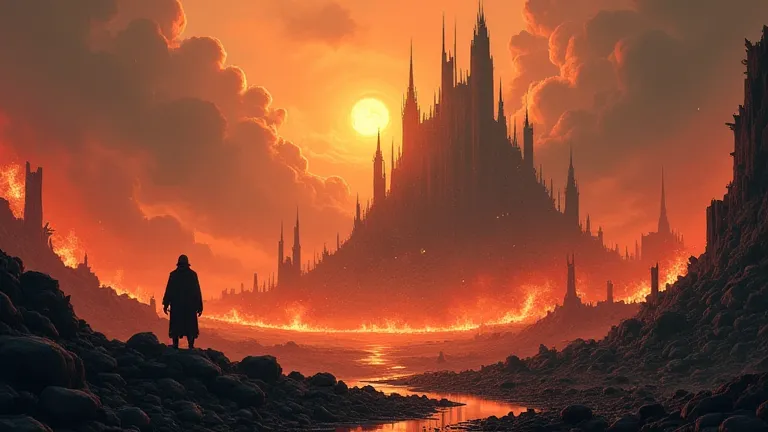 The last city, crumbling ruins, extinguished flames, a sense of finality, the end of an era, a lone figure observing the devastation, art style:  Dark fantasy illustration, dramatic lighting, detailed ruins.