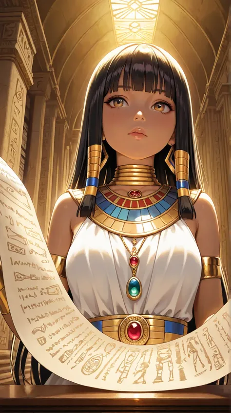 A realistic scene of an ancient Egyptian pharaoh holding a scroll filled with detailed hieroglyphics, inside an imposing Egyptian library. Sunlighting crosses the temple's golden columns, reflecting on the queen's luxurious jewels. Monks and scribes are in...