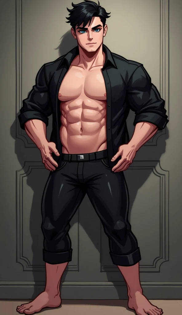 Full Body, Hot Young Chubby Muscular Boy Wearing Black Open Shirt With Big Pecs and Big Abs, Handsome, Smooth Midriff Muscles, Black Tight Latex Pants Cropped on the Leg's Calves, Muscular Calves, Calves Fully Exposed