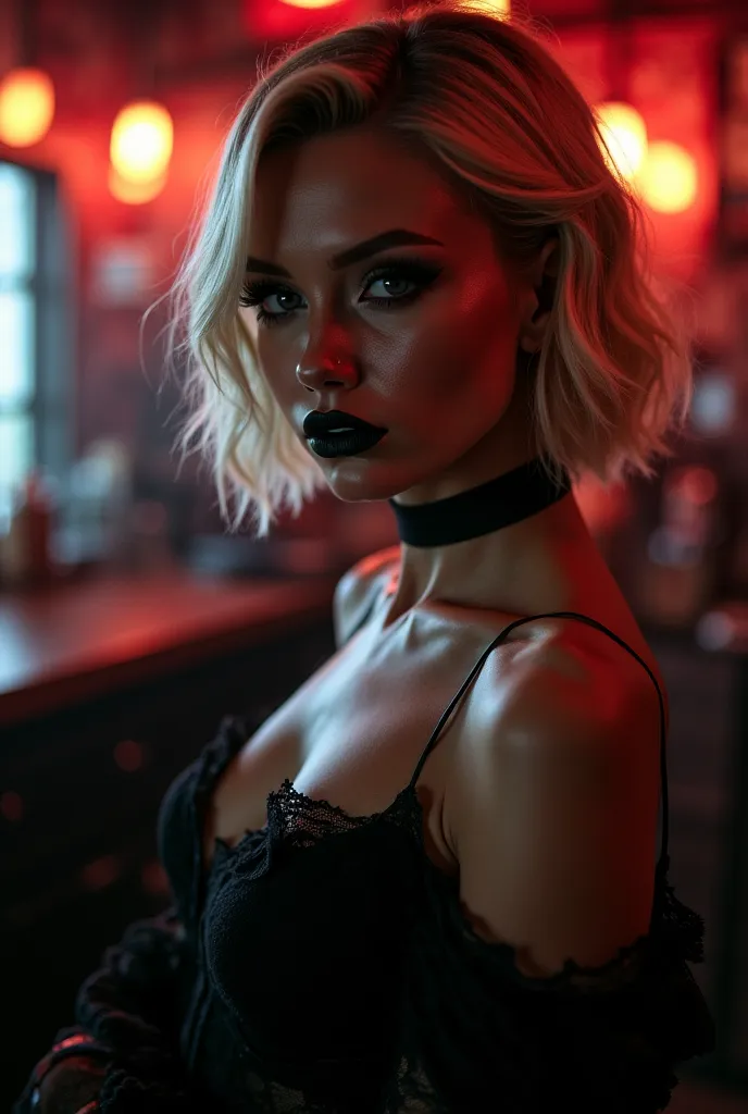 1 fille, Cheveux Courts, black lipstick, Blonde, Gothic with a black lace dress in a bar.