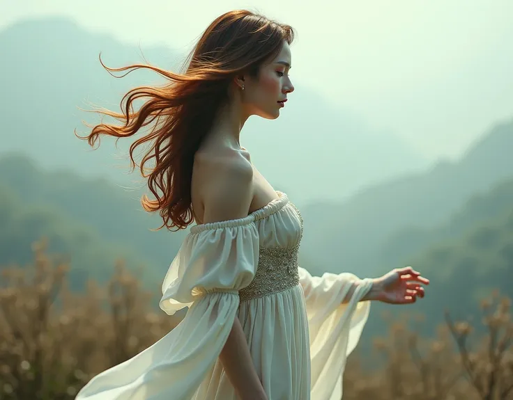 hidden eyes, chatain hair in the wind, full body profile, hyper realism, poetic, romantic, angelic long dress, realistic shading, realistic render, detailed textures, photorealistic, wide shot, landscape