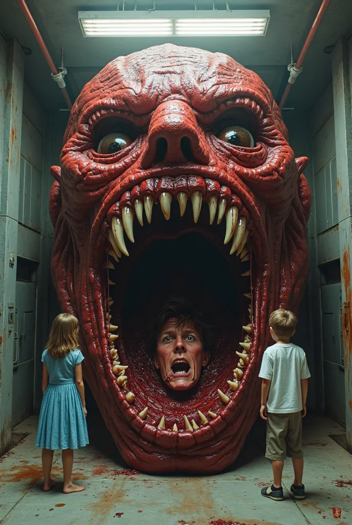 "A grotesque, otherworldly horror scene featuring a massive, fleshy, red-skinned creature with a gaping mouth full of long, razor-sharp teeth. The creature's face is a disturbing fusion of monstrous and humanoid elements, with dark, hollow eyes and glisten...