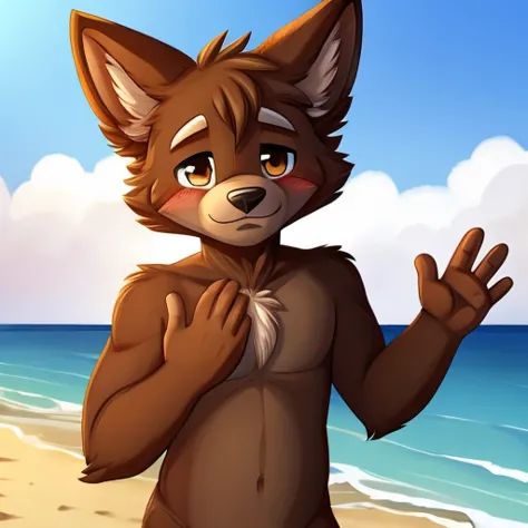 Brown furred furry boy on a beach, he is naked, covering his penis with one hand, waving with 1 hand, looking shy, blushing
