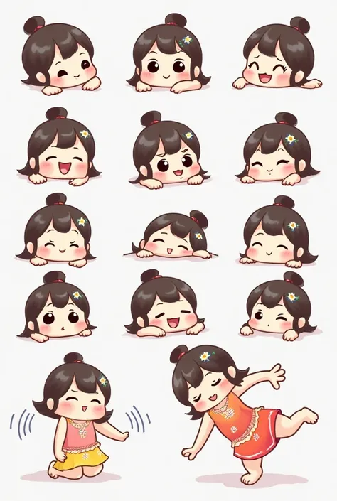 Design an adorable Thai girl character for LINE stickers. She has short hair, big round eyes, and a petite body, radiating a cheerful and charming personality. Create multiple expressions and poses, including happiness, sadness, pouting, laughing, surprise...