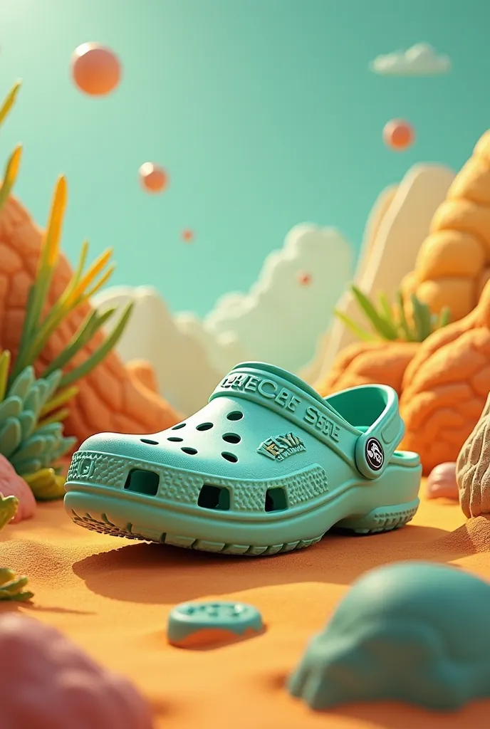 I need an image in the form of a card that has a warm landscape with a mint green crocs sandal with the name marked in large VELYVA SRL with the motto in Spanish Take your first step