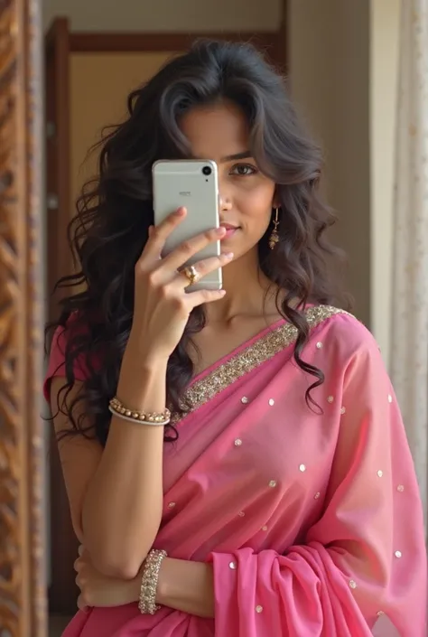 generate a girl image taking selfie in mirror and her phone should cover her face and she is with lil chubby cheeks and light brown skin tone and with wavy lil fizzy hair... she is Indian girl.... in a pink saree... 