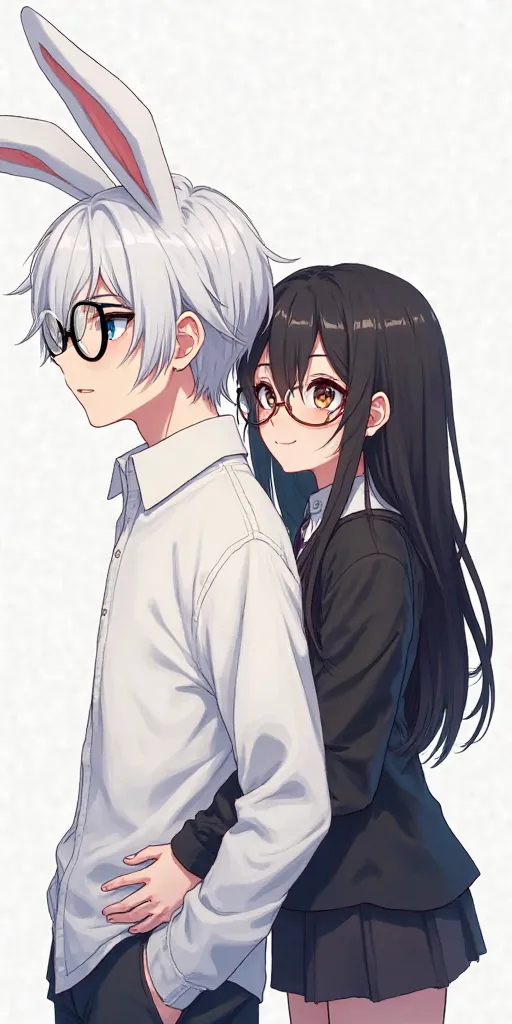 A couple of a teenage boy with white rabbit ears and round black glasses, blue eyes and white hair and white clothes, She is a teenage girl with round black glasses the girl's brown eyes and very long black hair that is a little short black clothes and a w...