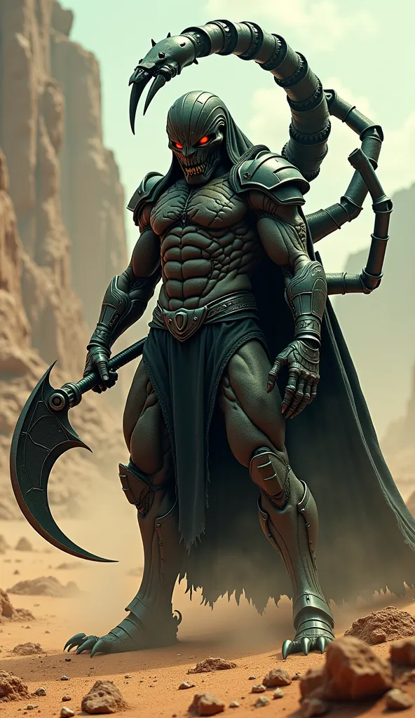 Depict a formidable humanoid scorpion supervillain, known as 'Scorpius,' standing tall and menacing in a dark, arid, desert landscape. Scorpius should have the muscular physique of a powerful humanoid, with a dark, armored exoskeleton covering his body, an...