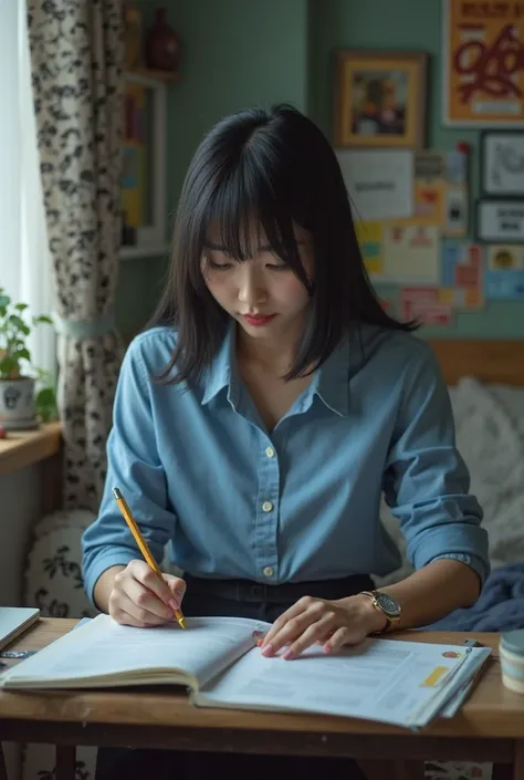 create a picture of an Asian woman studying in her room. her hair is straight black with bangs. he wore a blue shirt and black trousers. Make the camera a little far away so the room is visible, FULL BODY FROM HEAD TO TOE