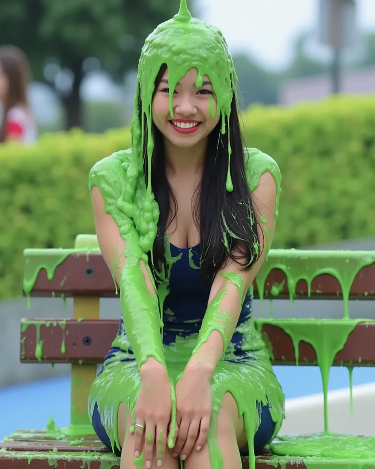 DSLR photograph of young Korean woman with long wavy black hair sitting on a park bench, covered in thick, dripping green water. She wears a navy bodycon dress, which is partially visible beneath the slime. She has long fake eyelashes. She has bold red lip...