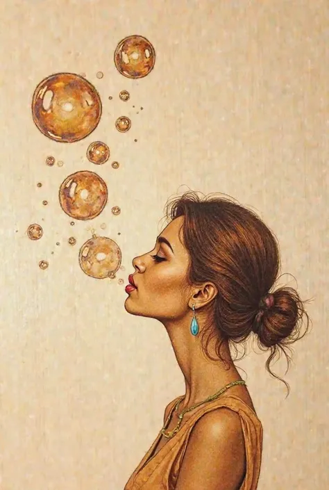 Create an easy-to-pyrograph drawing on wood of the profile of a woman blowing soap bubbles