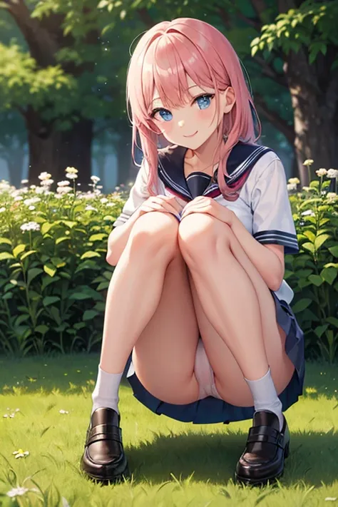 top-quality,Hands on knees,1 girl,Shiny skin,smile,school girl Uniform,a short skirt,Leather,shoes,Soft thighs,Crouching,summer meadow in the background,Full body shot, taken from the underside,Pink hair,White see-through panties,pose partially visible vul...