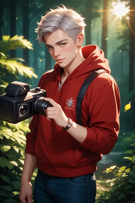 boy with silver hair　Put on a red hoodie