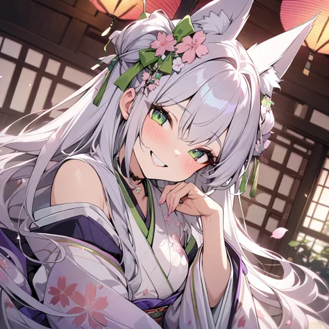 , japanese blossom々）, sexy smile beauty, sakura shaped choker, (masterpiece, highest quality), sakura art, beautiful and aesthetic: 1.2), (1 girl), very detailed, (princess room art: 1.3), white purple green colorful, white long hair、green eyes, fox ears, ...