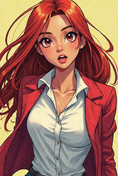  A  ager,  Female,  young,  with Latin features , a lot of energy , dark reddish eyes, a white blouse with a red jacket over it, wears straight hair, long and red. comics style