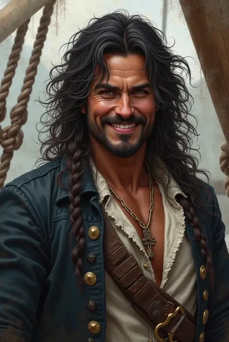 Create a dark-haired antique pirate man with plenty of handsome black hair, smiling.