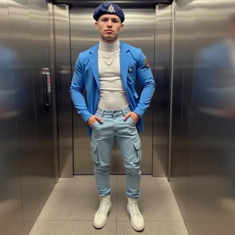  Sky blue body with long sleeves and turtleneck ,  above a white t-shirt with details ,  military type light blue overzide jeans with pearl necklace accessories silver heart earrings, white boots and a navy blue beret on a man american muscles 26year old i...