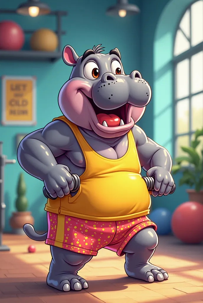 Create a cartoon of a hippopotamus wearing gym clothes,  please