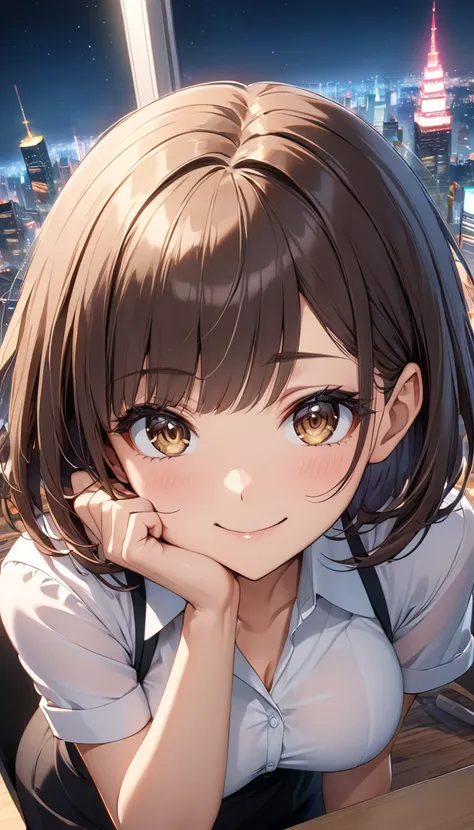 (beautiful anime girl:1.3), kawaii girl, slim and graceful figure, from above, A beautiful anime girl resting her elbow on the desk, propping her chin with one hand, curious expression, playful smirk, ((slightly tilted head)), big sparkling eyes, brown eye...