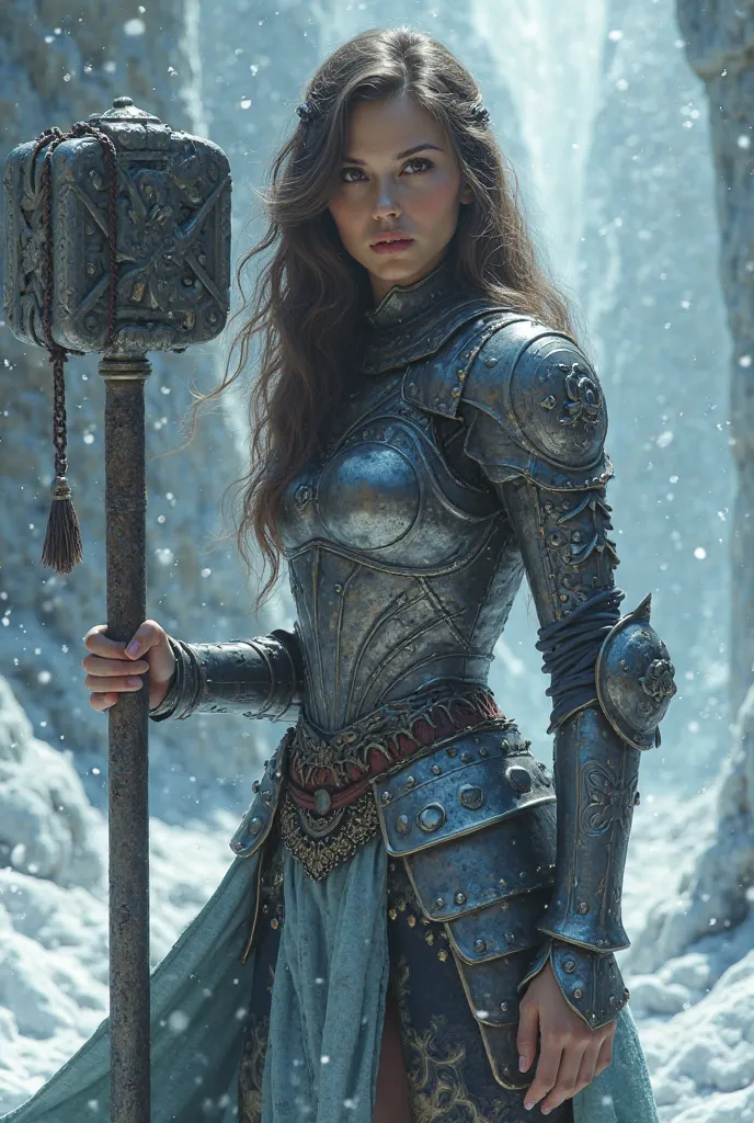 create a super realistic image, high quality uhd 8K, of an 18 year old woman, realistically detailed, (((full body))), ((slim body, beautiful highly detailed)), (tall model), long wavy brunette large hair, highly detailed realistic skin, ((female knight fa...