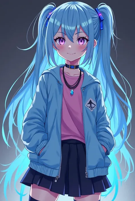 A girl in age 17 with long blue light neon hair, a blue dark blue neon hair clip,light purple galaxy color eye, wearing a pink shirt underneath, a light blue jacket without a zipper, a black necklace,black skirt, black knee-high socks, and black and white ...