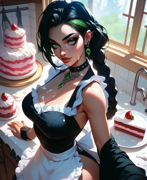 Adult female, braided black hair, green eyes, gothic aesthetic, wearing black dress, white apron over dress, covered in flour, frosting cake on kitchen counter