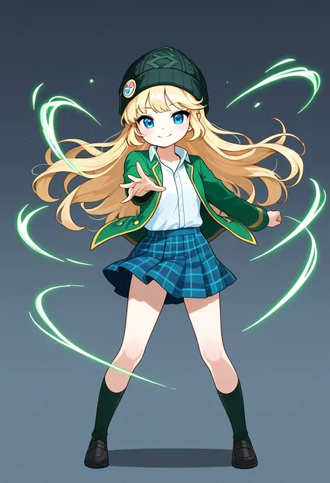 maplestory style, girl with dark green beanie, japanese school shirt and jacket, and checkered blue skirt, with wind effects in her hand, blue eyes, cute smile, blonde hair, full body