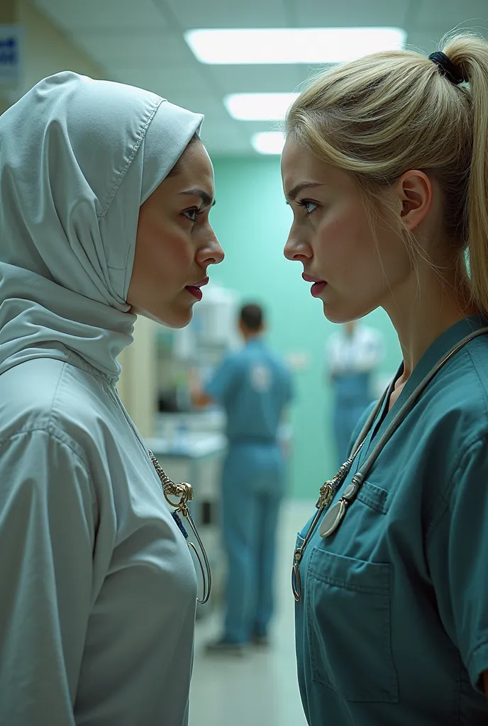 Hijab nurse hard fighting with blonde nurse