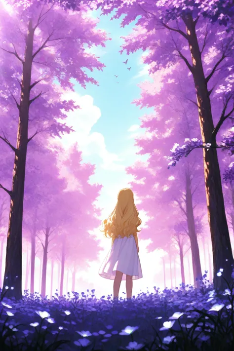 A girl, anime and manhwa style, blonde hair, long hair, pink eyes,Her hair is very long and wavy, she is wearing a very simple white dress and she is very kind.   A vast, open field stretches beneath a soft blue sky, dotted with fluffy white clouds. The ge...