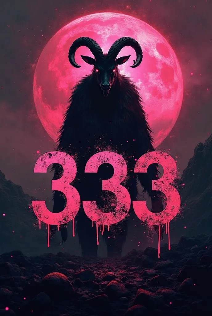 Make me the background of a sign for a hardtechno party that includes the title 333 and a silhouette in the background of a demonic goat dancing in shades of black and pink