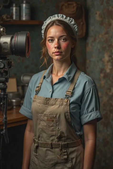  Woman, Dressed maid, with sweaty clothes , professional camera, 4k image, with realistic background 