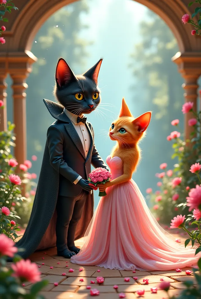 The beautiful cat with pink dress and long orange who got married to a ugly black beast cat king 