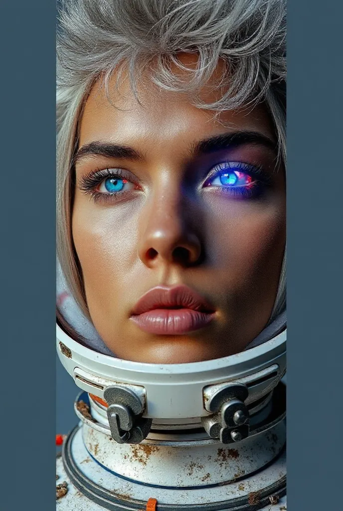 (Close-up of a better masterpiece:1.5)0.9], (Space and astronauts:1.2) (Messy silver hair:1.1) (Heterochromia xanthochromia and blue eyes:1.2) (Space Helmet:1.0) (Colored stars in the eyes:1.0) (A radiant glow:1.1) (thick lips:0.9)