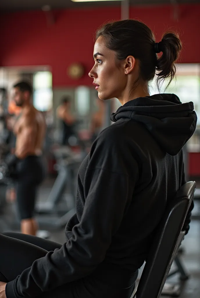 Side view of Exotic mature  model woman who looks confident and empowered, wearing black fitted hoodie, and black tight Yoga pants. 

Using a leg press machine

In a Dark red high end vintage  populated gym, people working out in the background class 