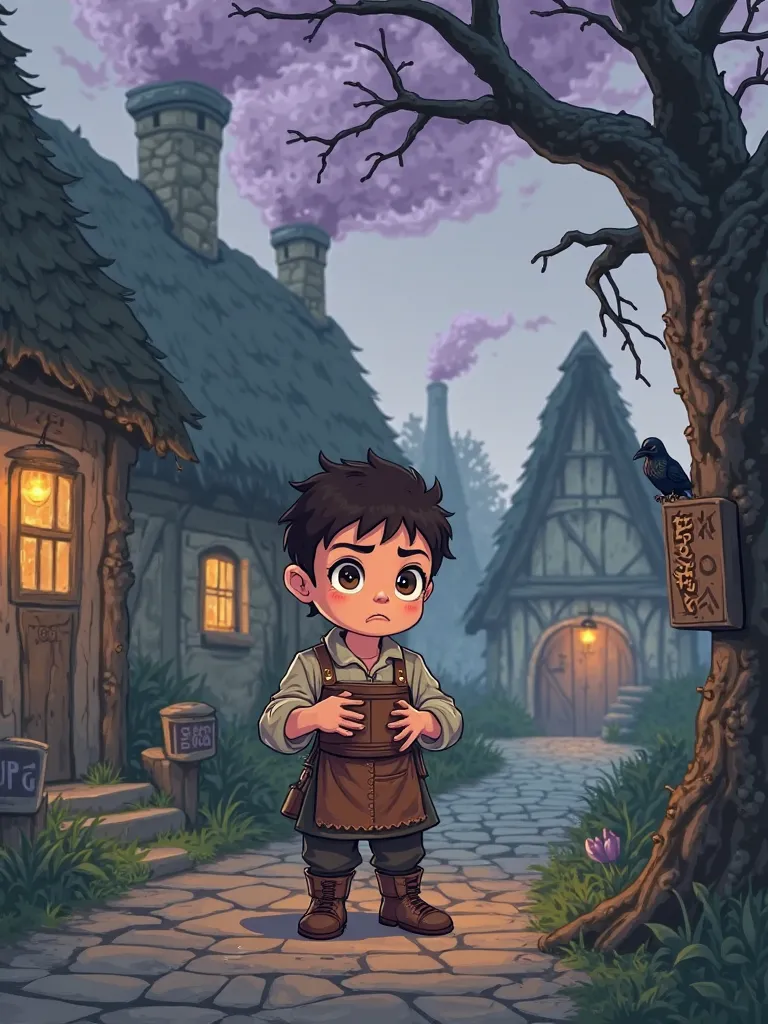 Chibi medieval European village scene, flat 2D anime style with soft cel-shading, muted earthy color palette (slate grey, moss green, burnt sienna), a nervous young peasant with oversized hands clutching a wooden bucket, wearing patched linen tunic and lea...