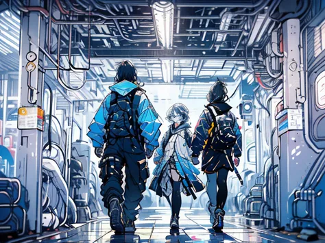  Masterpiece , 8 k, high detail, photorealistic, epic picture, Very high resolution, complex details,  Futuristic , species, three astronauts, dressed in colorful clothes, are walking down the spacecraft corridor, festival of rich colors,  sophisticated su...