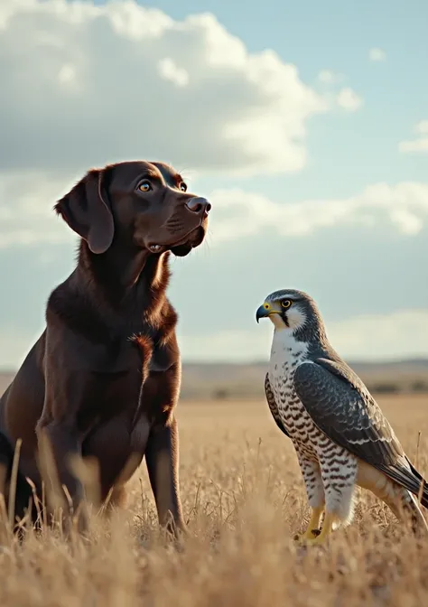 A realistic, cinematic photograph, estilo National Geographic, showing an adult Labrador Retriever, pelagem marrom chocolate, snout tilted slightly downward, droopy ears, look serene and attentive, in an upright and relaxed pose, body slightly tilted to th...