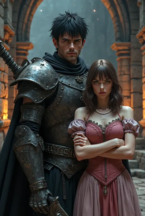 A highly detailed, photorealistic 3D render of Guts, the Black Swordsman, and a fierce young woman standing protectively beside him, set in a dark, medieval castle interior. Both characters are positioned at the front, facing forward, with the woman standi...