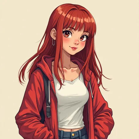  A  teenager,  Female,  young, chunky, inviting, Americana,  with Latin features , a lot of energy , dark reddish eyes, a white blouse with a red jacket on top with a hood on the back, wears straight hair, long and red, Pouch .  comic-style viewer 