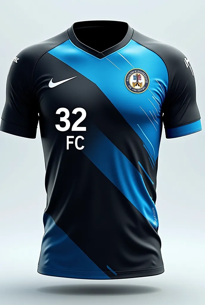 I want a futuristic soccer jersey in black, white and blue colors, The team is called 32FC and is from Jujuy Argentina